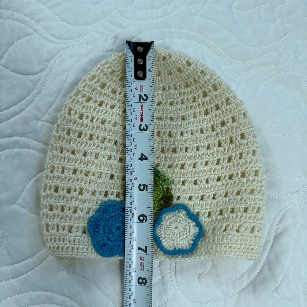 Handmade Crochet Weave Beanie Skull Cap Colorful Floral Appliqués Ivory Kids NEW
